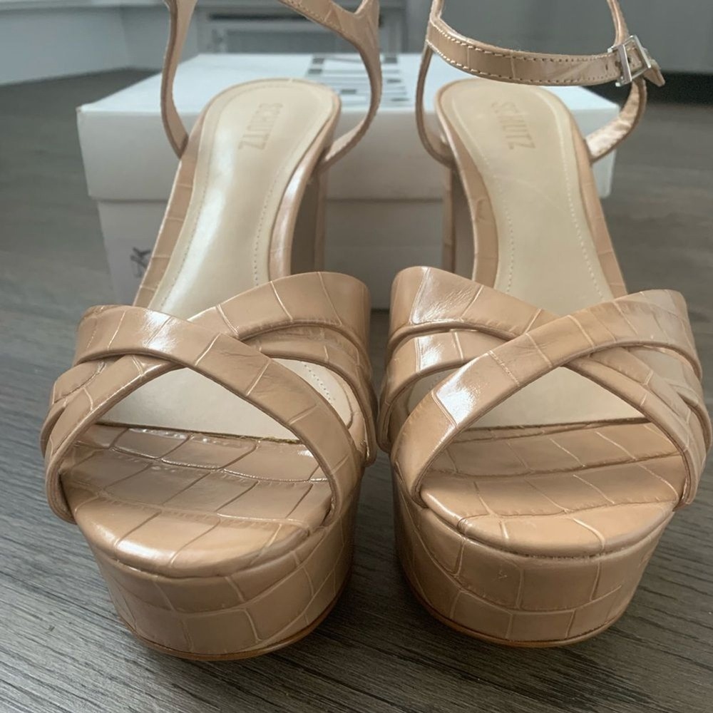 SCHUTZ Keefa Platform Heels Size 10 Nude Beige Croc Embossed Leather Sandals NWB - Picture 7 of 16